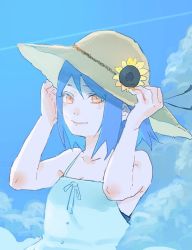 Rule 34 | 1girl, aged down, blue hair, blue sky, closed eyes, cloud, commentary request, day, dress, flower, hands on headwear, hat, hat flower, hat ribbon, konan (naruto), looking at viewer, meitarou, naruto (series), naruto shippuuden, orange eyes, outdoors, ribbon, sky, sleeveless, sleeveless dress, smile, solo, straw hat, sun hat, sundress, sunflower, upper body, yellow flower, yellow hat
