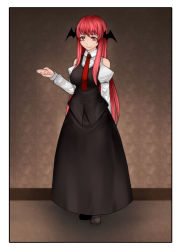 Rule 34 | 1girl, adapted costume, aoshima, bare shoulders, bat wings, black footwear, black skirt, black vest, breasts, clothing cutout, commentary request, full body, head wings, highres, indoors, juliet sleeves, koakuma, large breasts, long skirt, long sleeves, looking at viewer, necktie, puffy sleeves, red eyes, red hair, red necktie, shoulder cutout, skirt, smile, solo, standing, touhou, vest, wings