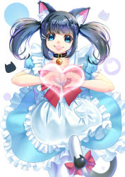 Rule 34 | 1girl, :d, animal ear fluff, animal ears, bell, black choker, blue dress, blue eyes, bow, cat ears, cat girl, cat tail, choker, dress, hair ornament, hairclip, heart, heart hands, highres, maid, mr. j.w, neck bell, open mouth, pantyhose, pink bow, simple background, smile, solo, standing, tail, tail bow, tail ornament, twintails, white background, white pantyhose