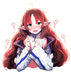 Rule 34 | 1girl, absurdres, ahoge, arknights, bare shoulders, beudelb, blush, fang, green eyes, heart, highres, jacket, long hair, long sleeves, looking at viewer, myrtle (arknights), open mouth, parted bangs, pointy ears, red hair, simple background, smile, solo, tank top, wavy hair, white background, white jacket, white tank top