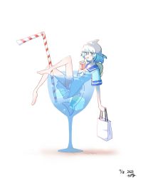 Rule 34 | 1girl, bag, bare legs, barefoot, blowhole, blue dress, blue eyes, blue hair, blush, cetacean tail, commentary request, common bottlenose dolphin (kemono friends), cup, dolphin girl, dorsal fin, dress, drinking, drinking glass, drinking straw, fins, fish tail, frilled dress, frills, grey hair, highres, kemono friends, looking at viewer, multicolored hair, neckerchief, sailor collar, sailor dress, shopping bag, short hair, short sleeves, solo, tail, tuffy kambly, water, white neckerchief, wine glass