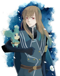 Rule 34 | 00s, 1boy, belt, brown hair, coat, creature, flower, glasses, gloves, gradient background, jade curtiss, long hair, male focus, mieu (tales), mikimaro, plant, red eyes, smile, solo, tales of (series), tales of the abyss, white background