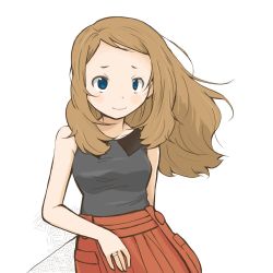 Rule 34 | 1girl, blonde hair, blue eyes, blush, breasts, closed mouth, creatures (company), game freak, itesu, jewelry, long hair, looking at viewer, nintendo, pokemon, pokemon xy, ring, serena (pokemon), simple background, skirt, sleeveless, smile, solo, white background