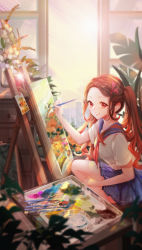 Rule 34 | 1girl, absurdres, blue sailor collar, blue skirt, brown eyes, brown hair, canvas (object), chinese commentary, commentary request, corrupted metadata, day, grin, hair ribbon, hand on own thigh, highres, holding, holding paintbrush, huge filesize, indoors, kamado nezuko, kimetsu no yaiba, long hair, looking at viewer, miniskirt, neckerchief, paintbrush, painting (action), painting (object), palette (object), pink ribbon, plant, pleated skirt, potted plant, red eyes, ribbon, sailor collar, school uniform, serafuku, shirt, skirt, smile, solo, twintails, very long hair, white shirt, window, yvettechou