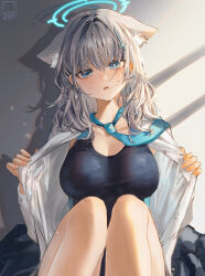 Rule 34 | 1girl, absurdres, animal ear fluff, animal ears, black one-piece swimsuit, blue archive, blue eyes, blush, breasts, competition swimsuit, covered navel, cross hair ornament, extra ears, grey hair, hair ornament, halo, highres, large breasts, leni (1 en), looking at viewer, medium hair, mismatched pupils, multicolored clothes, multicolored swimsuit, necktie, official alternate costume, one-piece swimsuit, open clothes, open shirt, parted lips, shiroko (blue archive), shiroko (swimsuit) (blue archive), solo, swimsuit, wet, wolf ears
