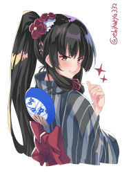 Rule 34 | 1girl, alternate costume, alternate hairstyle, black hair, ebifurya, flower, hair flower, hair ornament, hand fan, highres, isokaze (kancolle), japanese clothes, kantai collection, kimono, long hair, looking at viewer, paper fan, ponytail, red eyes, simple background, sparkle, striped clothes, striped kimono, twintails, twitter username, uchiwa, very long hair, white background, yukata