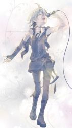 Rule 34 | 1girl, androgynous, bandaged arm, bandages, belt, boots, collar, collarbone, commentary, dated, detached sleeves, emu (marico w), closed eyes, flat chest, flower (vocaloid), flower (vocaloid4), fortissimo, full body, hand up, highres, holding, holding microphone, lipstick, makeup, microphone, multicolored hair, music, nail polish, open mouth, outstretched arm, purple footwear, purple nails, purple shirt, shirt, short hair, singing, solo, streaked hair, thigh boots, thighhighs, twitter username, vocaloid, white hair