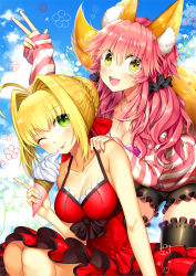 Rule 34 | 10s, 2girls, alternate costume, animal ears, bad id, bad pixiv id, bare shoulders, blonde hair, cloud, day, dress, ells, fate/extra, fate/extra ccc, fate (series), food, green eyes, hair intakes, ice cream, multiple girls, nail polish, nero claudius (fate), nero claudius (fate) (all), nero claudius (fate/extra), official alternate costume, one eye closed, pink hair, sky, tamamo (fate), tamamo no mae (fate/extra), tamamo no mae (spring casual) (fate), thighhighs, yellow eyes