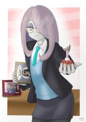 Rule 34 | 1girl, black jacket, black skirt, blue necktie, blue vest, closed mouth, cupcake, food, glasses, hair over one eye, holding, holding food, jacket, kaschmatz, kobayashi-san chi no maidragon, little witch academia, long hair, looking at viewer, necktie, office lady, one eye covered, pink hair, red eyes, shirt, skirt, smile, sucy manbavaran, tagme, vest, white shirt