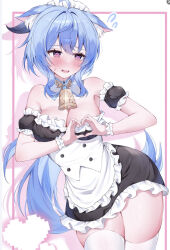 1girl @_@ ahoge alternate_costume animal_ear_fluff animal_ears apron bare_shoulders bell black_dress black_sleeves blue_hair blush breasts cat_ears cleavage commentary_request cowbell cowboy_shot detached_sleeves dress enmaided frilled_apron frilled_dress frilled_hairband frilled_sleeves frilled_wrist_cuffs frills ganyu_(genshin_impact) genshin_impact hair_between_eyes hairband heart heart_hands highres kemonomimi_mode large_breasts light_blue_hair long_hair maid maid_headdress neck_bell open_mouth paid_reward_available pekokota puffy_short_sleeves puffy_sleeves purple_eyes short_sleeves solo strapless strapless_dress thighhighs thighs very_long_hair white_apron white_hairband white_thighhighs white_wrist_cuffs wrist_cuffs