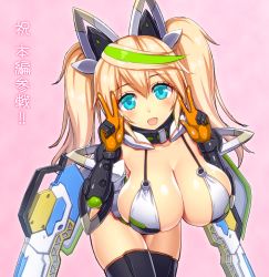 Rule 34 | !, !!, 1girl, :d, asamura hiori, bent over, black thighhighs, blonde hair, blush, breasts, cleavage, cowboy shot, eyebrows, fangs, gene (pso2), green hair, hair between eyes, highres, large breasts, long hair, looking at viewer, multicolored hair, open mouth, phantasy star, phantasy star online 2, pink background, smile, solo, streaked hair, thighhighs, twintails