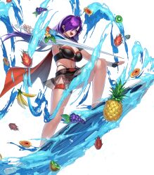Rule 34 | 1girl, armband, banana, bare shoulders, belt, bikini, breasts, fingerless gloves, fire emblem, fire emblem: three houses, fire emblem heroes, fire emblem warriors: three hopes, flower, food, fruit, full body, gloves, grapes, hair ornament, hair over one eye, hibiscus, highres, holding, holding weapon, kiwi (fruit), long hair, medium breasts, navel, nintendo, non-web source, official art, open mouth, pineapple, purple eyes, purple hair, see-through, shez (female) (fire emblem), shez (female) (summer) (fire emblem), shez (fire emblem), smile, solo, stomach, surfboard, swimsuit, thigh strap, toeless footwear, transparent background, water, water drop, weapon, yamanokami eaka