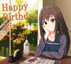 Rule 34 | 10s, 1girl, apron, blue apron, bottle, brown hair, character name, commentary request, desk, green eyes, happy birthday, head rest, highres, idolmaster, idolmaster cinderella girls, indoors, jewelry, keffiy, long hair, long sleeves, looking at viewer, magazine (object), necklace, pendant, shadow, shibuya rin, smile, solo, tape, window
