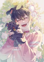 Rule 34 | 1boy, animal, animal ears, black hair, closed eyes, collar, dog, dog ears, earrings, fangs, flower, hair between eyes, highres, holding, holding animal, indie virtual youtuber, jewelry, long sleeves, male focus, open mouth, red shirt, rr ayan, shirt, short hair, shoto (vtuber), smile, solo, tongue, virtual youtuber