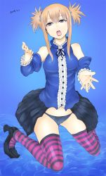 Rule 34 | 1girl, black panties, blonde hair, blue eyes, borrowed character, breasts, dated, detached sleeves, gradient background, high heels, highres, kneeling, looking at viewer, open mouth, original, panties, pleated skirt, sidelocks, sigama, skirt, solo, striped clothes, striped thighhighs, teeth, thighhighs, twintails, underwear