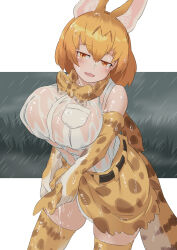 Rule 34 | 1girl, absurdres, animal ears, blonde hair, blush, bow, bowtie, breasts, commission, elbow gloves, extra ears, gloves, highres, huge breasts, kemono friends, no bra, open mouth, parsley (simonov1941), print bow, print bowtie, see-through, serval (kemono friends), serval print, shirt, short hair, skeb commission, skirt, sleeveless, sleeveless shirt, smile, tail, thighhighs, wet, wet clothes, wet shirt, wringing clothes