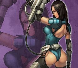 Rule 34 | 1girl, ass, black hair, breasts, contra, contra 4, konami, large breasts, leotard, long hair, lucia (contra), official art, solo, tagme, weapon, zoom layer