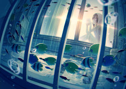 Rule 34 | 1girl, air bubble, air conditioner, angelfish, animal, balcony, brick wall, brown hair, bubble, cloud, cup, curtains, dutch angle, fish, flip-flops, flying fish, from outside, from side, glass, hair between eyes, holding, hood, hoodie, indoors, lens flare, mug, night, original, plant, potted plant, puddle, railing, rain, reflection, ripples, sandals, sitting, sleeveless, sliding doors, solo, tropical fish, warabimochi kinako