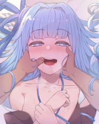 Rule 34 | 1boy, 1girl, blue eyes, blue hair, collarbone, drooling, finger in another&#039;s mouth, hair intakes, hand on another&#039;s face, head grab, heart, heart-shaped pupils, kotonoha aoi, long hair, looking at viewer, mouth pull, off shoulder, open mouth, saliva, smile, solo focus, sweat, symbol-shaped pupils, torogao, tostos, upper body, voiceroid