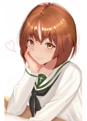 Rule 34 | 1girl, blush, brown eyes, brown hair, girls und panzer, head rest, heart, highres, looking at viewer, mamaa (maeni6379), nishizumi miho, school uniform, short hair, smile, solo, upper body, white background