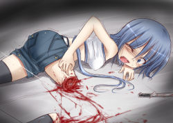 Rule 34 | 1girl, amasaki ryouko, amputee, blank blood, blood, blue eyes, blue hair, cracklecradle, crying, female focus, guro, injury, knife, long hair, lying, matching hair/eyes, open mouth, pain, ryona, saliva, severed limb, shimo (depthbomb), shorts, solo, tank top, tears, trembling, wince, wink, wire