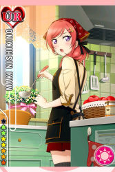 Rule 34 | 10s, 1girl, apple, apron, card (medium), character name, cooking, food, fruit, hair ornament, hairclip, head scarf, kitchen, ladle, looking at viewer, looking back, love live!, love live! school idol festival, love live! school idol project, nishikino maki, official art, open mouth, purple eyes, red hair, skirt, solo, spatula, thighhighs