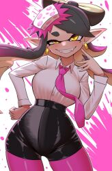 Rule 34 | + +, blush, breasts, callie (splatoon), earrings, fangs, highres, jewelry, large breasts, long sleeves, looking at viewer, necktie, nintendo, office lady, pants, pero (pero7762), pointy ears, shorts, solo, splatoon (series), teeth, tentacle hair, tight clothes, tight pants, wide hips, yellow eyes