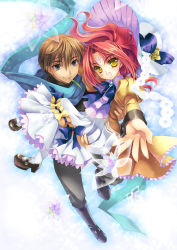 Rule 34 | 1boy, 1girl, brown eyes, brown hair, carrying, couple, hetero, long hair, mouth hold, open mouth, red hair, riv (rivleaf), scarf, short hair, smile, yellow eyes