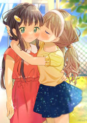 Rule 34 | 2girls, aqua eyes, arms around neck, black hair, blue skirt, blurry, blurry background, blush, brown hair, chain-link fence, child, dress, closed eyes, fence, hair ornament, hairclip, kissing cheek, low twintails, multiple girls, original, outdoors, red dress, shirt, skirt, tachi (gutsutoma), twintails, yellow shirt, yuri