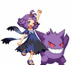 Rule 34 | 1girl, ;d, acerola (pokemon), arm up, blush, collarbone, colored sclera, creatures (company), dress, elite four, flat chest, flipped hair, full body, game freak, gen 1 pokemon, gengar, grin, hair ornament, half updo, leg up, lowres, nintendo, one eye closed, open mouth, pixel art, pokemon, pokemon (creature), pokemon sm, purple eyes, purple hair, red sclera, sandals, shirokuro (oyaji), short hair, short sleeves, simple background, smile, standing, standing on one leg, stitches, tongue, torn clothes, torn dress, torn sleeves, trial captain, white background