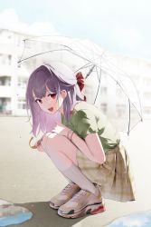 Rule 34 | 1girl, :d, absurdres, bloom, blurry, blurry background, bow, bracelet, building, commentary request, day, from side, full body, green shirt, green skirt, hair bow, hair strand, half updo, highres, holding, holding umbrella, jeon-eo konoshiro, jewelry, long hair, looking at viewer, looking to the side, open mouth, original, outdoors, plaid, plaid skirt, pleated skirt, puddle, purple hair, red bow, red eyes, shirt, shoes, short sleeves, skirt, smile, sneakers, socks, solo, squatting, sunlight, teeth, thighs, transparent, transparent umbrella, umbrella, upper teeth only, water, white socks