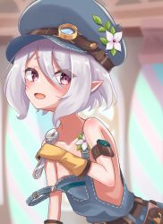 Rule 34 | 1girl, absurdres, alternate costume, bare shoulders, belt, beret, elf, flower, flower ornament, hair between eyes, hat, highres, kokkoro (princess connect!), looking at viewer, muromachi atsushi, naked overalls, overalls, pointy ears, princess connect!, purple eyes, short hair, silver hair, solo, wrench