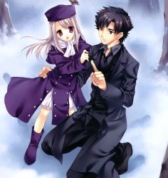 Rule 34 | 1boy, 1girl, age difference, artist request, black eyes, black hair, boots, coat, emiya kiritsugu, facial hair, fate/zero, fate (series), father and daughter, hat, highres, illyasviel von einzbern, long hair, pointing, purple footwear, purple hat, red eyes, scarf, snow, stubble, white hair, white scarf