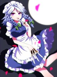 Rule 34 | 1girl, apron, bad id, bad pixiv id, blue dress, blurry, bow, braid, breasts, depth of field, dress, frilled dress, frills, green bow, hair bow, holding, holding knife, izayoi sakuya, knife, licking, licking blade, licking weapon, looking at viewer, maid, maid apron, maid headdress, medium breasts, petals, pink eyes, puffy short sleeves, puffy sleeves, short sleeves, silver hair, solo, tongue, tongue out, touhou, twin braids, weapon, you (noanoamoemoe)