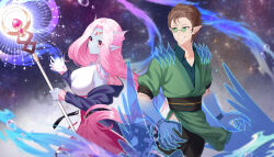 1boy 1girl absurdres artist_name black_jacket breasts brown_hair bubble colored_skin fins floral_print glasses green-tinted_eyewear green_eyes grey_skin head_fins high-waist_skirt highres holding holding_staff jacket long_hair long_sleeves off_shoulder original pink_hair pink_skirt pleated_skirt pointy_ears purple_eyes round_eyewear sakotach shirt short_hair skirt sky sleeveless sleeveless_shirt smile staff star_(sky) starry_sky tinted_eyewear