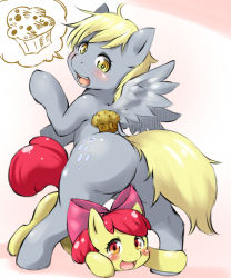 Rule 34 | apple bloom, bad id, bad pixiv id, blush, derpy hooves, food, furry, furry female, highres, koishi chikasa, looking at viewer, muffin, my little pony, my little pony: friendship is magic, open mouth, smile, yellow eyes