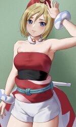 Rule 34 | 1girl, absurdres, amayo thranana, arm up, armpits, bare arms, bare shoulders, blonde hair, blue eyes, bracelet, breasts, choker, commentary, cowboy shot, creatures (company), game freak, green background, highres, irida (pokemon), jewelry, looking at viewer, medium breasts, nintendo, obi, pokemon, pokemon legends: arceus, red sash, sash, short hair, short shorts, shorts, solo, standing, strapless, tube top, white shorts