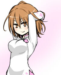 Rule 34 | 1girl, arms behind head, arms up, breasts, brown eyes, brown hair, closed mouth, commentary request, dress, floral print, hair between eyes, i.u.y, light blush, long sleeves, looking at viewer, medium breasts, medium hair, messy hair, misaka worst, pink background, smile, solo, toaru majutsu no index, toaru majutsu no index: new testament, upper body, v-shaped eyebrows, vietnamese dress, white dress