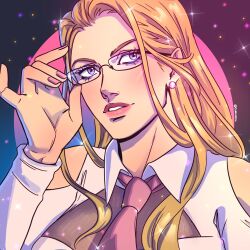 Rule 34 | 1girl, blonde hair, close-up, commentary, earrings, ellie mehl, english commentary, eyelashes, glasses, jewelry, kalifa (one piece), long hair, looking to the side, necktie, one piece, one piece film: red, pink lips, pink nails, pink necktie, sidelocks, solo, sparkle