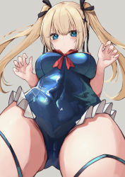 Rule 34 | 1girl, absurdres, azur lane, black ribbon, blonde hair, blue eyes, blue one-piece swimsuit, blush, breasts, cameltoe, closed mouth, commentary request, covered navel, dead or alive, dutch angle, frilled swimsuit, frills, from below, grey background, hair between eyes, hair ribbon, highres, looking at viewer, marie rose, medium breasts, misonikomi, one-piece swimsuit, ribbon, sidelocks, simple background, solo, standing, swimsuit, twintails