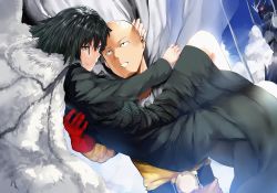Rule 34 | 1boy, 1girl, bald, black dress, black hair, cape, carrying, coat, dress, fubuki (one-punch man), gloves, green eyes, hews, looking at another, one-punch man, princess carry, saitama (one-punch man), short hair, smile
