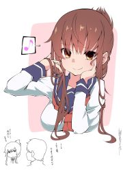 Rule 34 | 1boy, 1girl, aged up, alternate breast size, alternate hair length, alternate hairstyle, blush, breasts, brown eyes, brown hair, eyes visible through hair, fang, folded ponytail, highres, inazuma (kancolle), kantai collection, long sleeves, musical note, ponytail, sailor collar, sakakiba misogi, school uniform, serafuku, signature, simple background, sketch, skin fang, speech bubble, spoken musical note, translation request, upper body, white background