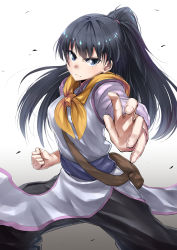 Rule 34 | 10s, 1girl, bad id, bad pixiv id, black hair, black pants, blue eyes, breasts, clenched hand, fighter (goblin slayer!), fighting stance, goblin slayer!, highres, long hair, looking at viewer, medium breasts, pants, ponytail, scarf, solo, standing, very long hair, yellow scarf, zombie mogura