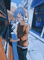 1girl absurdres blue_eyes blue_hair blue_sky closed_mouth dangoiz day glasses headphones highres image_sample long_sleeves original outdoors rectangular_eyewear red-framed_eyewear semi-rimless_eyewear sky smile solo tree under-rim_eyewear vending_machine