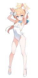 Rule 34 | 1girl, absurdres, alternate costume, animal ear fluff, animal ears, aqua bow, blue archive, blue eyes, blush, bow, breasts, cat ears, closed mouth, covered navel, detached collar, fake tail, flower, hair flower, hair ornament, halo, high heels, highres, kittysuit, leotard, long hair, mari (blue archive), nonddu, nontraditional playboy bunny, orange hair, playboy bunny, rabbit pose, rabbit tail, simple background, small breasts, solo, strapless, strapless leotard, tail, white background, white flower, white footwear, white leotard, yellow halo