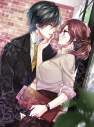 Rule 34 | 1boy, 1girl, black hair, black skirt, blue eyes, blush, brown eyes, brown hair, dutch angle, eye contact, folder, formal, hand on another&#039;s cheek, hand on another&#039;s face, hetero, indoors, looking at another, necktie, office lady, original, parted lips, ponytail, profile, scrunchie, skirt, suit, watch, wristwatch, yamika, yellow necktie