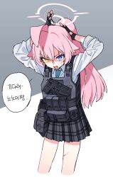 Rule 34 | 1girl, absurdres, adjusting hair, ahoge, black gloves, blood, blood on face, blue archive, blue eyes, collared shirt, cropped legs, cuts, fingerless gloves, gloves, gun, halo, handgun, heterochromia, highres, hoshino (blue archive), injury, je o mo, korean commentary, korean text, long hair, long sleeves, looking at viewer, necktie, open mouth, orange eyes, pink hair, plaid, plaid skirt, ponytail, shirt, simple background, skirt, speech bubble, vest, weapon, white shirt
