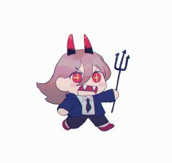 Rule 34 | 1girl, black necktie, blue hoodie, chainsaw man, chibi, collared shirt, cross-shaped pupils, fangs, hair between eyes, holding trident, hood, hoodie, horns, long hair, necktie, open mouth, pink hair, polearm, power (chainsaw man), red eyes, red horns, shinamoku00, shirt, simple background, solo, symbol-shaped pupils, trident, weapon, white background, white shirt