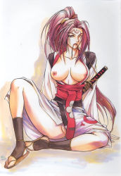 Rule 34 | 1girl, amputee, arc system works, arm support, baiken, biting, black socks, breasts, breasts apart, facepaint, guilty gear, hair ornament, japanese clothes, katana, kimono, large breasts, legs, long hair, long sleeves, mouth hold, nipples, no panties, obi, one-eyed, open clothes, open kimono, open shirt, pink eyes, pink hair, ponytail, pussy, sandals, sash, scabbard, scar, scar across eye, scar on face, sheath, sheathed, shirt, sitting, socks, solo, spread legs, stirrup legwear, string, sword, tattoo, toeless legwear, toes, weapon, zouri