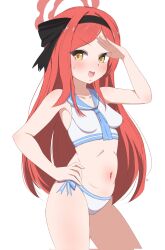 Rule 34 | 1girl, alternate costume, armpits, bikini, blue archive, blush, collarbone, commentary, corrupted twitter file, english commentary, hairband, halo, hand on own hip, highres, long hair, looking at viewer, navel, parted bangs, red hair, sailor collar, salute, sidelocks, simple background, sleeveless, solo, stomach, sweatdrop, swimsuit, takane (blue archive), white background, white bikini, yellow eyes, zhyseven